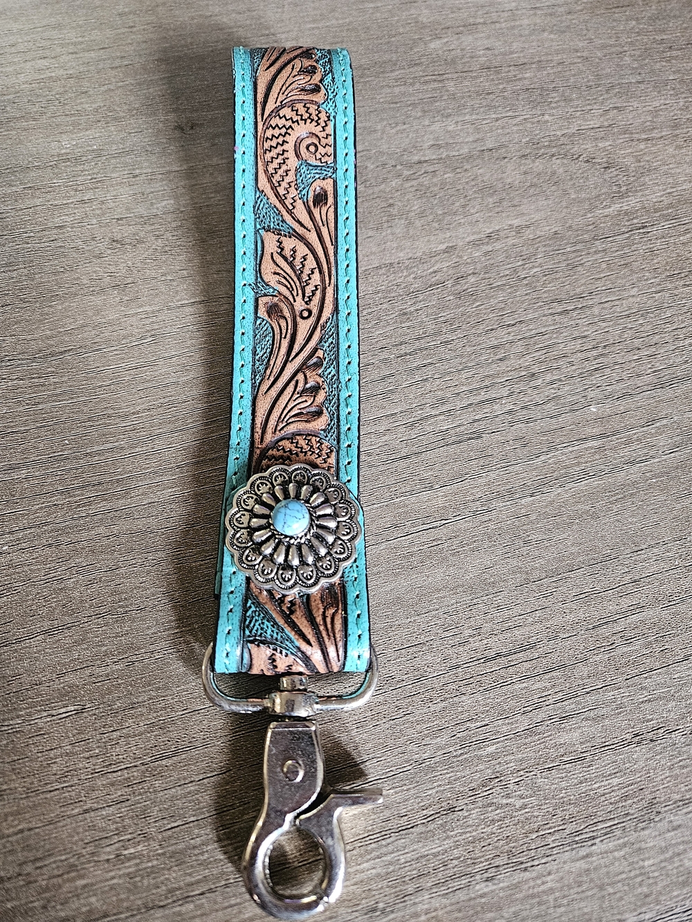 Turquoise Tooled Leather Wristlet Key Fob with Concho -NWOT